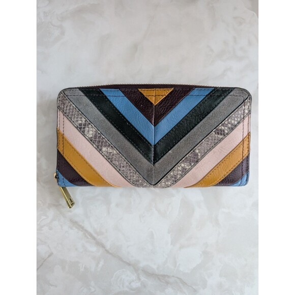 Fossil Wallet Logan RFID Zip Around Leather Chevron Multicolor Boho Western - Picture 2 of 16